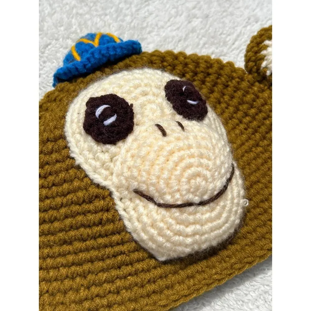 Handmade Monkey Hat Knit Bear Beanie Hat Brown Alpaca Fleece Lined 3D